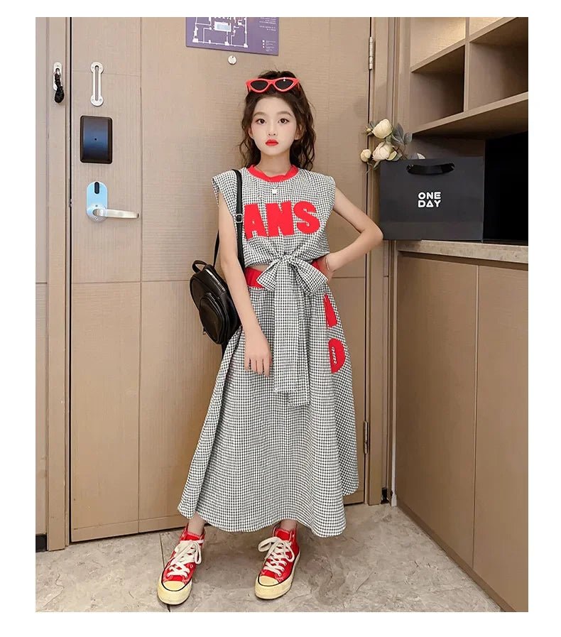 Girls Clothes Summer Kids Fashion Letter Vest + Skirt 2pcs Set Children Clothing Suit Teen Girl Plaid Bowknot Sleeveless Outfits - Mom & Kids