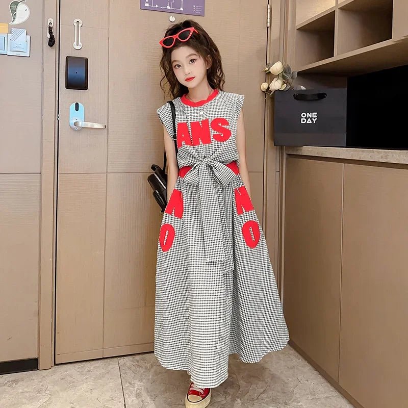 Girls Clothes Summer Kids Fashion Letter Vest + Skirt 2pcs Set Children Clothing Suit Teen Girl Plaid Bowknot Sleeveless Outfits - Mom & Kids