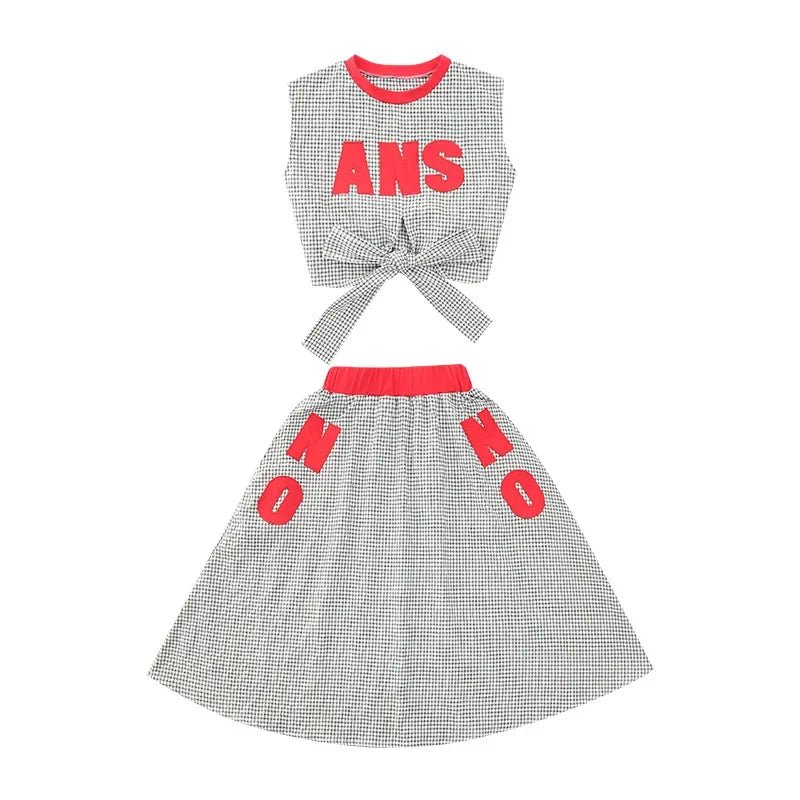 Girls Clothes Summer Kids Fashion Letter Vest + Skirt 2pcs Set Children Clothing Suit Teen Girl Plaid Bowknot Sleeveless Outfits - Mom & Kids