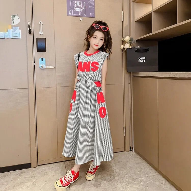 Girls Clothes Summer Kids Fashion Letter Vest + Skirt 2pcs Set Children Clothing Suit Teen Girl Plaid Bowknot Sleeveless Outfits - Mom & Kids