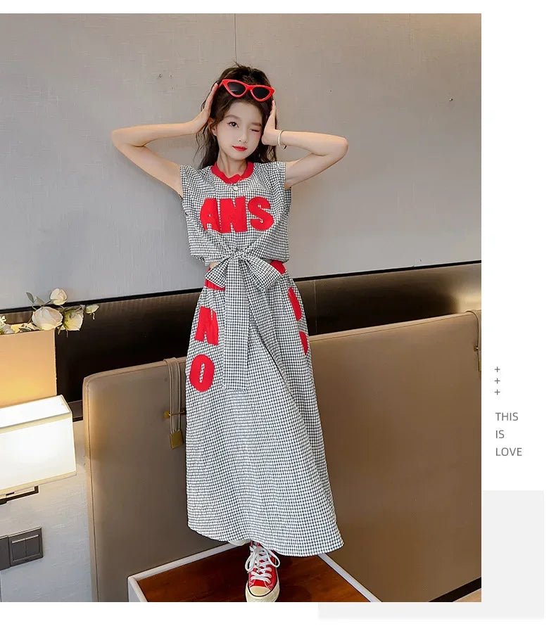 Girls Clothes Summer Kids Fashion Letter Vest + Skirt 2pcs Set Children Clothing Suit Teen Girl Plaid Bowknot Sleeveless Outfits - Mom & Kids