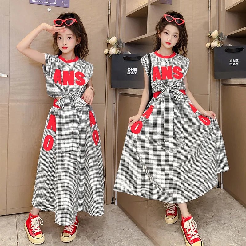 Girls Clothes Summer Kids Fashion Letter Vest + Skirt 2pcs Set Children Clothing Suit Teen Girl Plaid Bowknot Sleeveless Outfits - Mom & Kids