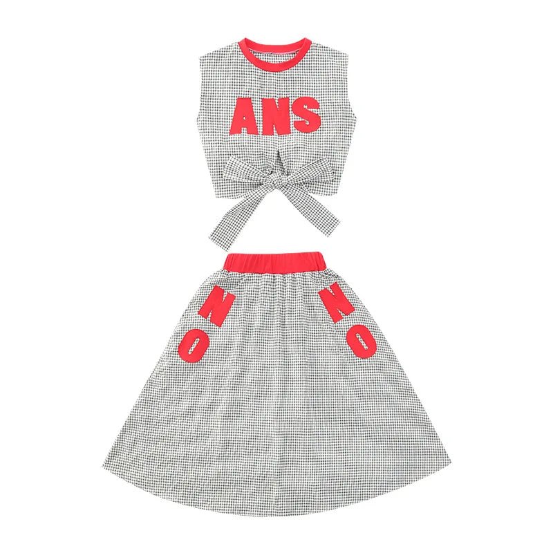 Girls Clothes Summer Kids Fashion Letter Vest + Skirt 2pcs Set Children Clothing Suit Teen Girl Plaid Bowknot Sleeveless Outfits - Mom & Kids