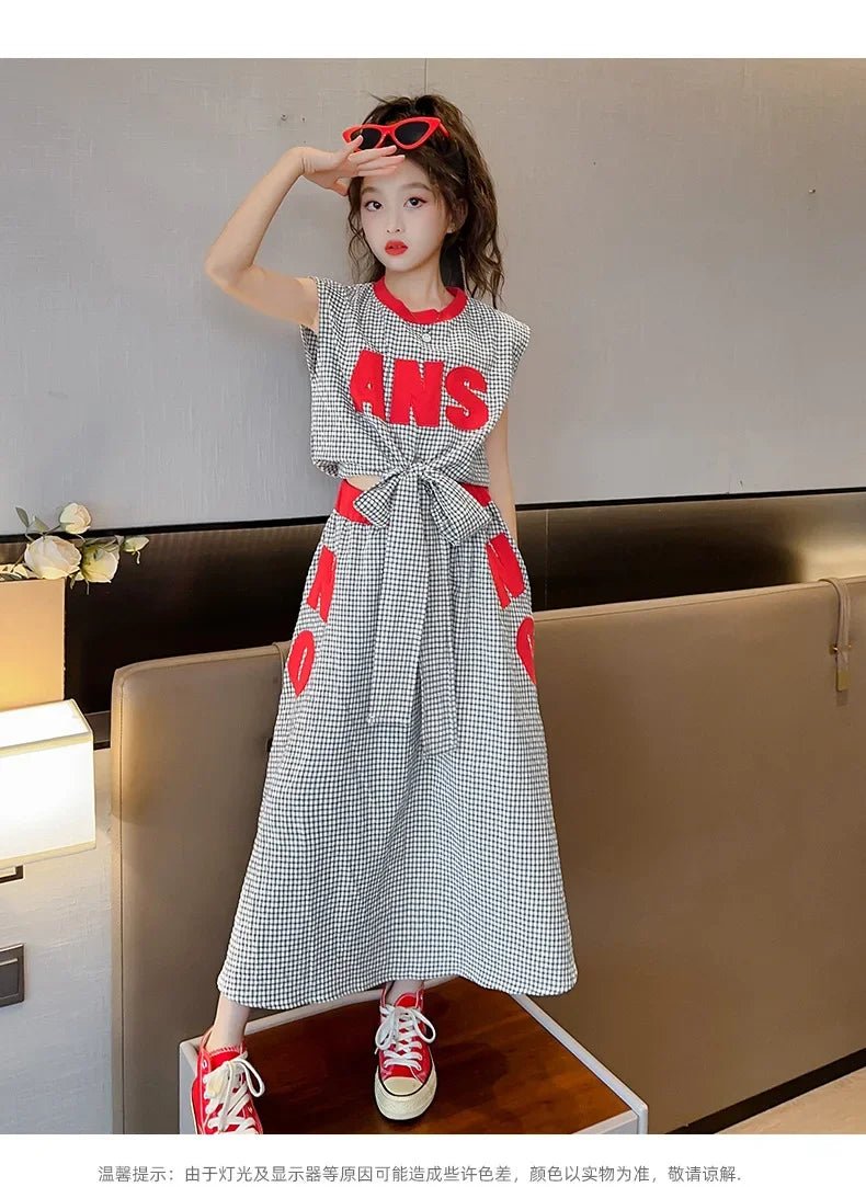 Girls Clothes Summer Kids Fashion Letter Vest + Skirt 2pcs Set Children Clothing Suit Teen Girl Plaid Bowknot Sleeveless Outfits - Mom & Kids