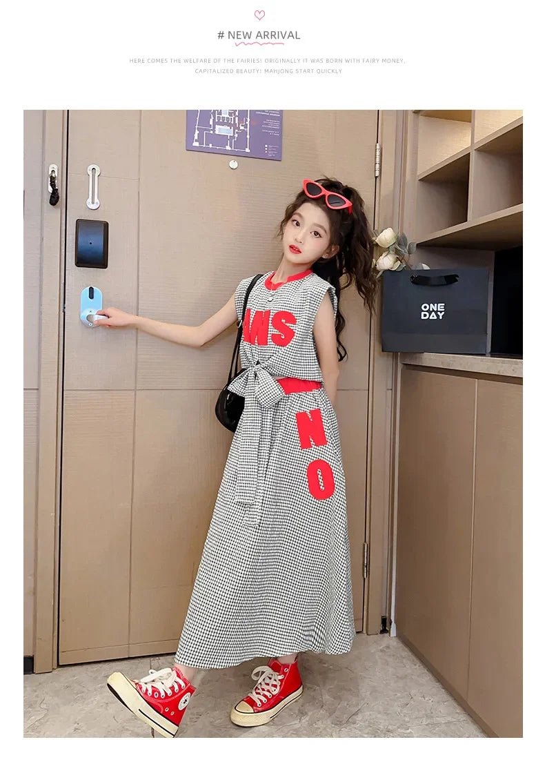 Girls Clothes Summer Kids Fashion Letter Vest + Skirt 2pcs Set Children Clothing Suit Teen Girl Plaid Bowknot Sleeveless Outfits - Mom & Kids