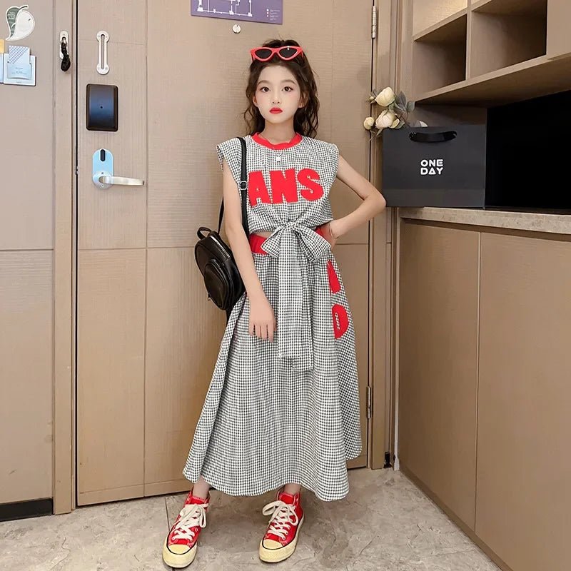 Girls Clothes Summer Kids Fashion Letter Vest + Skirt 2pcs Set Children Clothing Suit Teen Girl Plaid Bowknot Sleeveless Outfits - Mom & Kids