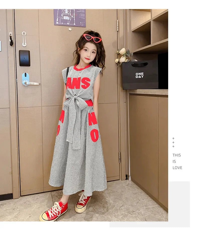 Girls Clothes Summer Kids Fashion Letter Vest + Skirt 2pcs Set Children Clothing Suit Teen Girl Plaid Bowknot Sleeveless Outfits - Mom & Kids