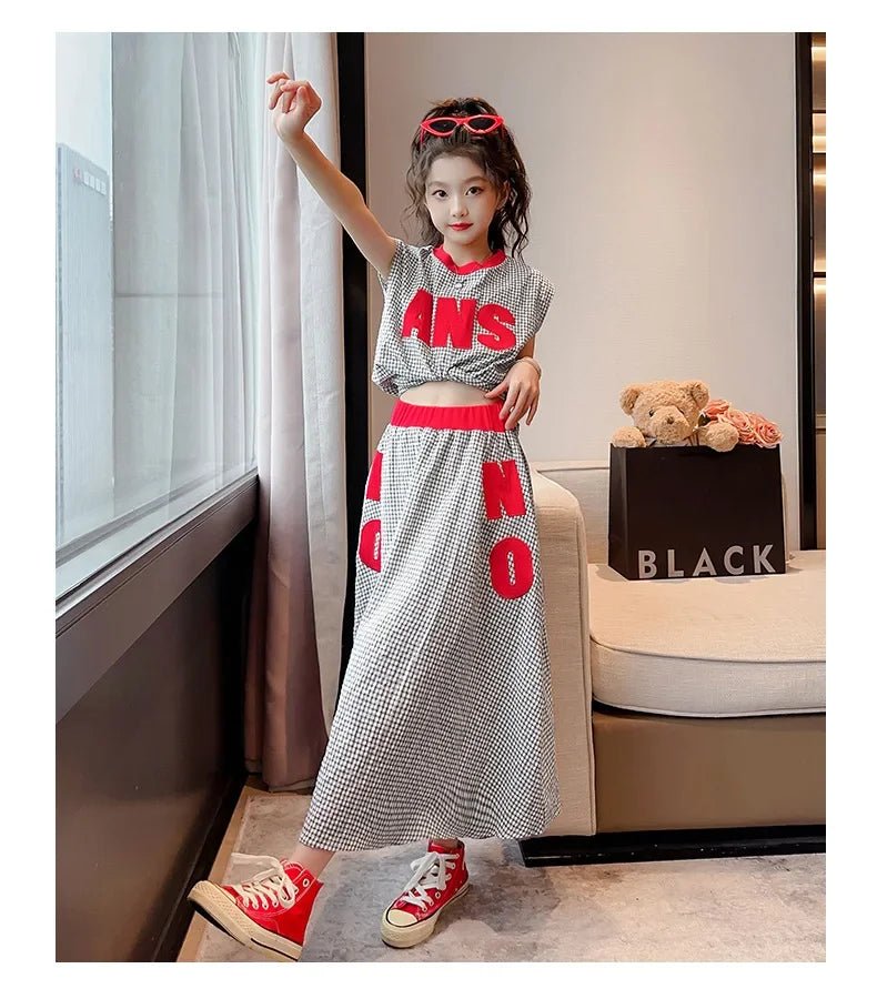 Girls Clothes Summer Kids Fashion Letter Vest + Skirt 2pcs Set Children Clothing Suit Teen Girl Plaid Bowknot Sleeveless Outfits - Mom & Kids