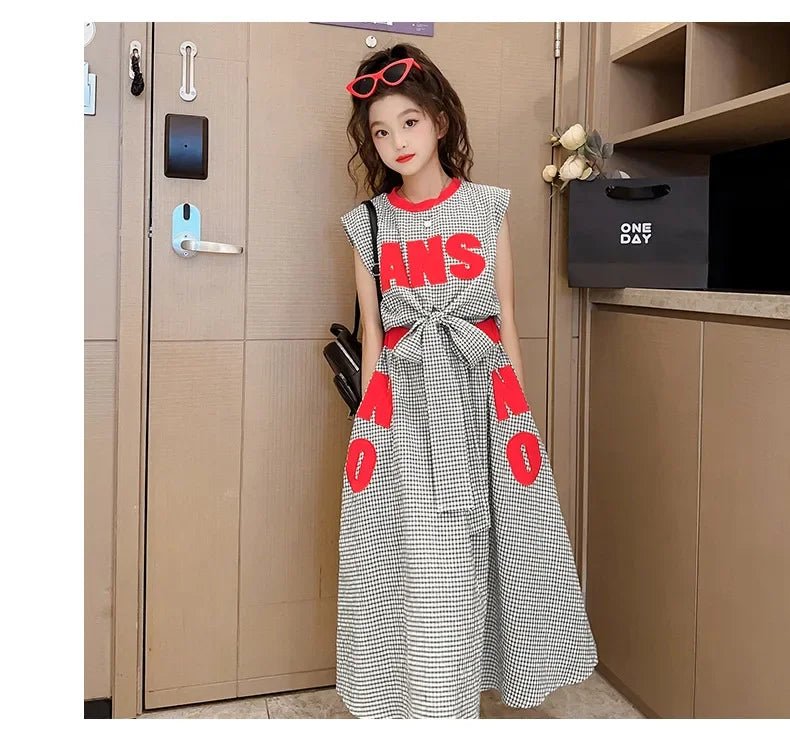 Girls Clothes Summer Kids Fashion Letter Vest + Skirt 2pcs Set Children Clothing Suit Teen Girl Plaid Bowknot Sleeveless Outfits - Mom & Kids