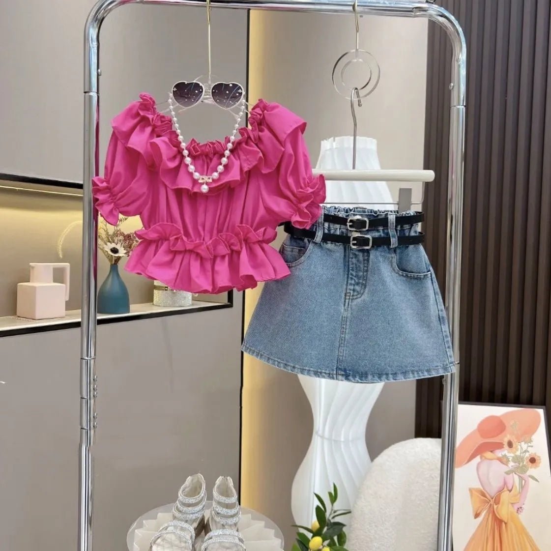 Girl's Clothing Sets Fashion Ruffled Top Short Sleeved T-shirt+ Baby Kids Denim Half Skirt Two-piece Set with Belt Included - Mom & Kids