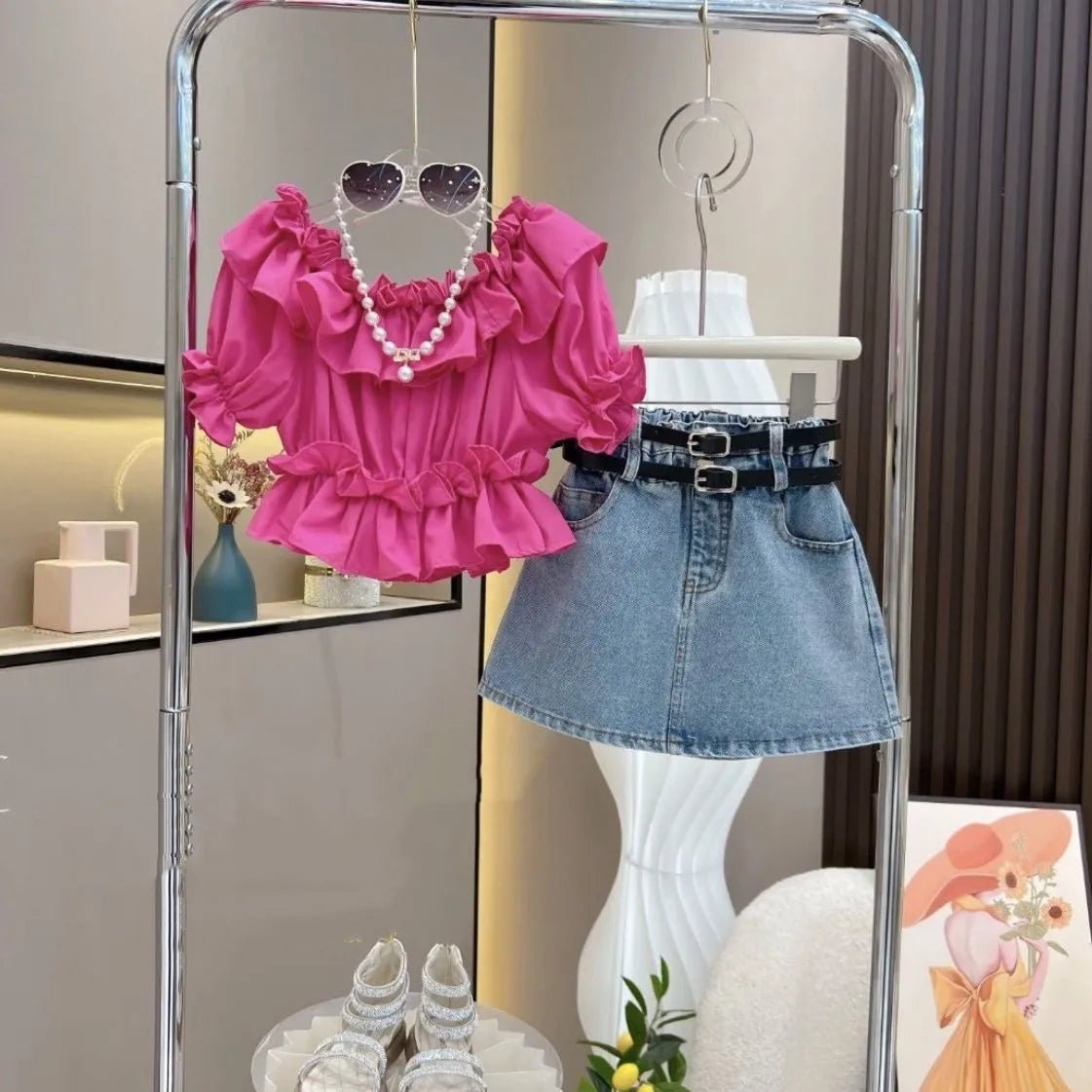 Girl's Clothing Sets Fashion Ruffled Top Short Sleeved T-shirt+ Baby Kids Denim Half Skirt Two-piece Set with Belt Included - Mom & Kids