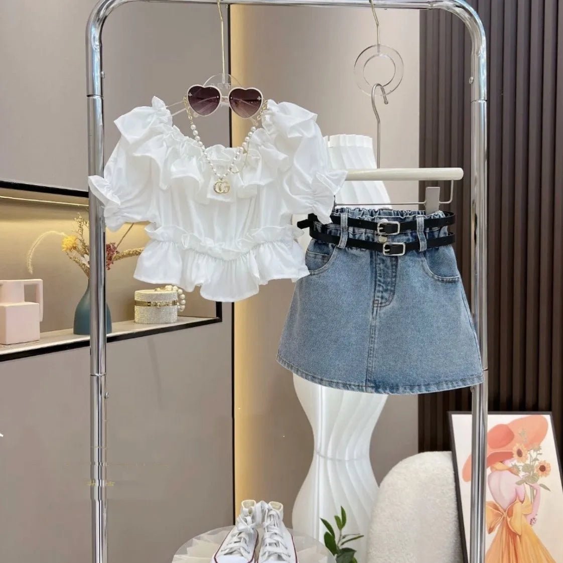 Girl's Clothing Sets Fashion Ruffled Top Short Sleeved T-shirt+ Baby Kids Denim Half Skirt Two-piece Set with Belt Included - Mom & Kids