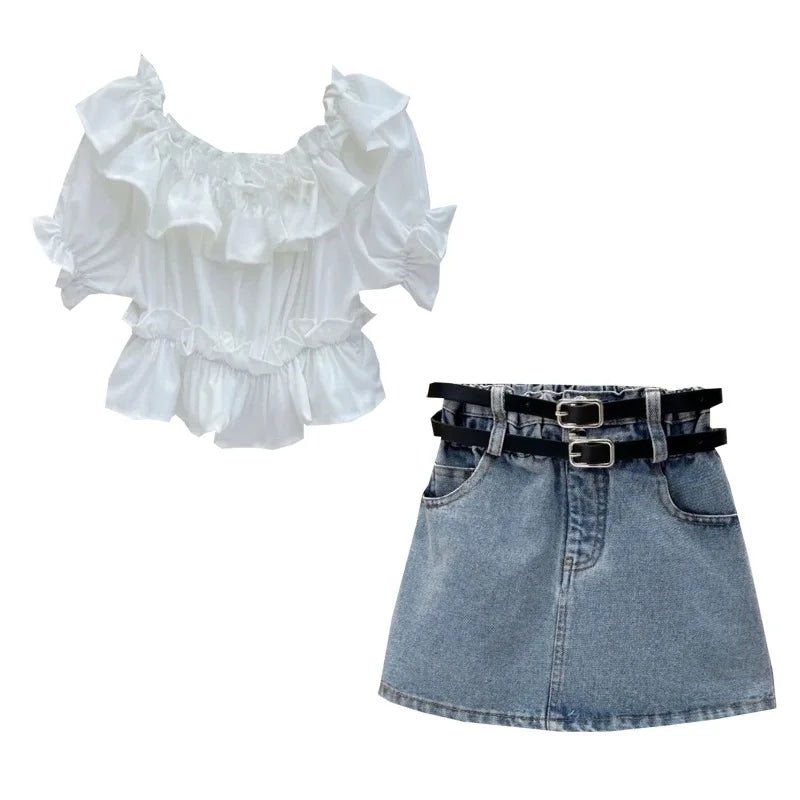 Girl's Clothing Sets Fashion Ruffled Top Short Sleeved T-shirt+ Baby Kids Denim Half Skirt Two-piece Set with Belt Included - Mom & Kids