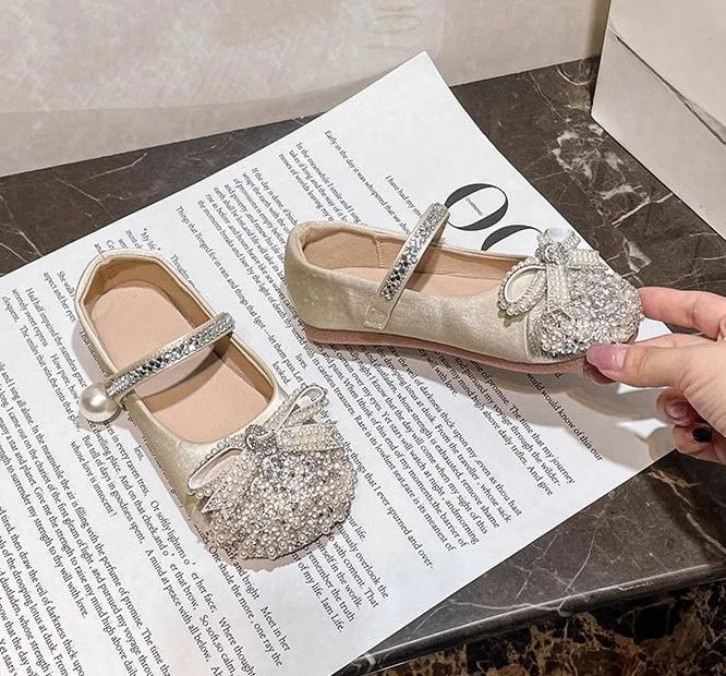 Girls Crystal Sparkle Princess Shoes Kids Fashion Leather Comfortable Party Performance Flats for Toddlers - Mom & Kids