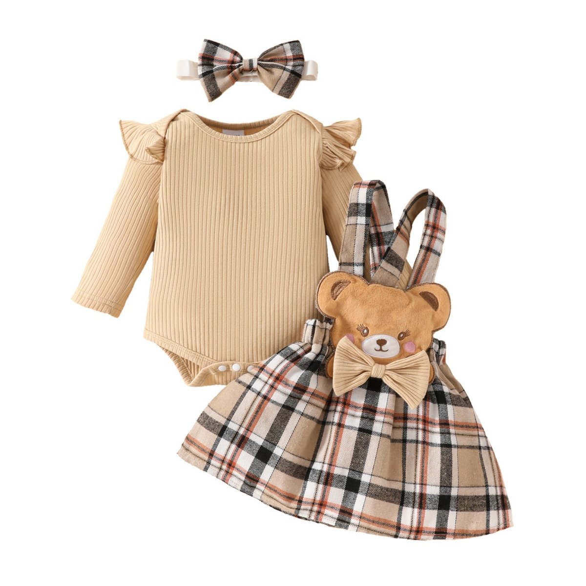 Girls' Fashion Minimalist Long Sleeve Triangle Rompers Bow Plaid Bear Doll Suspender Dress Hair Band Set (Available) - Mom & Kids