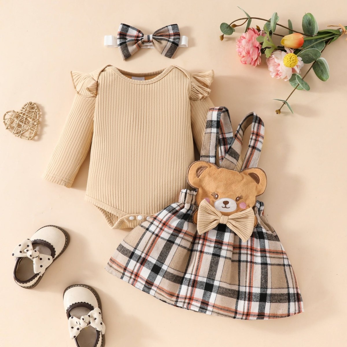 Girls' Fashion Minimalist Long Sleeve Triangle Rompers Bow Plaid Bear Doll Suspender Dress Hair Band Set (Available) - Mom & Kids