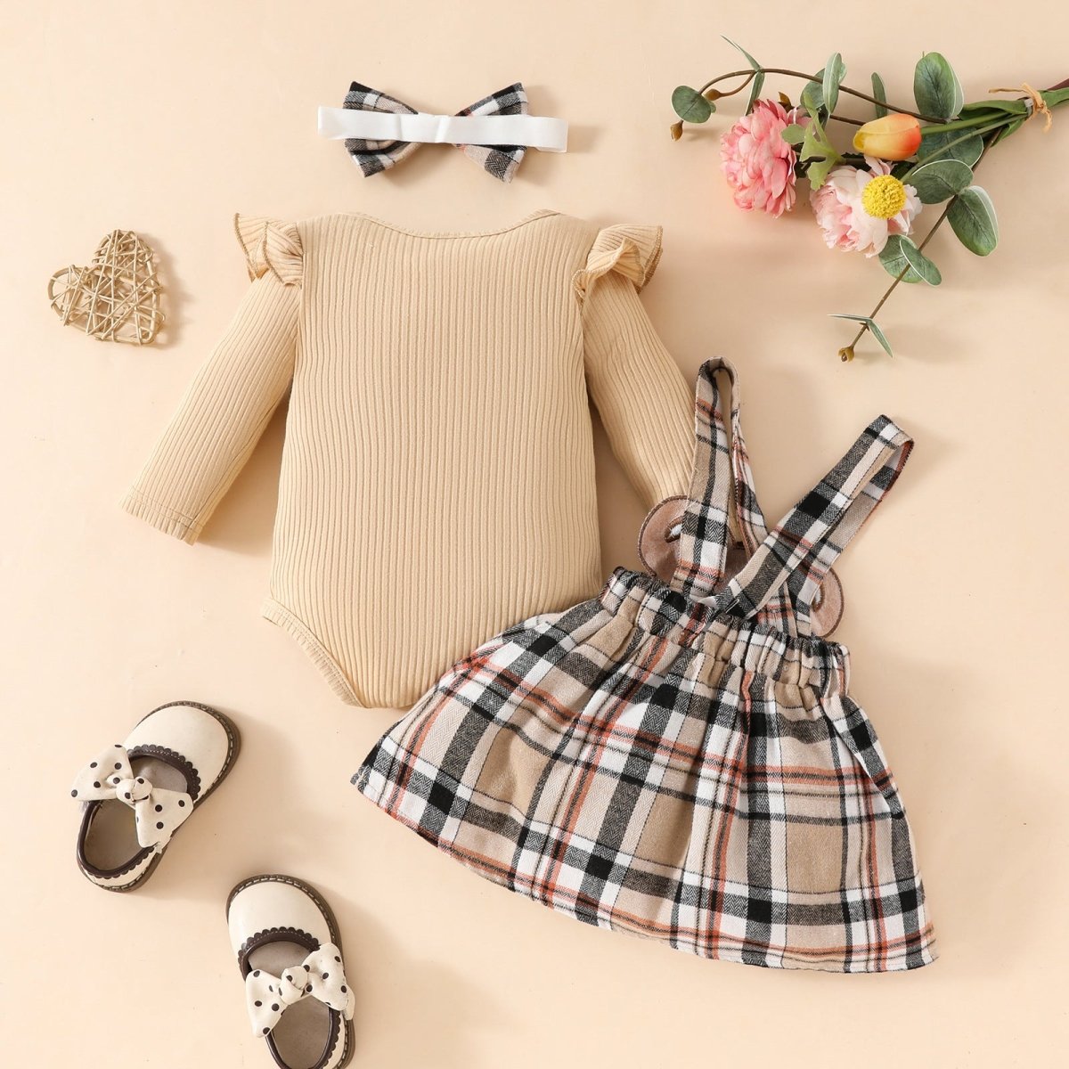 Girls' Fashion Minimalist Long Sleeve Triangle Rompers Bow Plaid Bear Doll Suspender Dress Hair Band Set (Available) - Mom & Kids