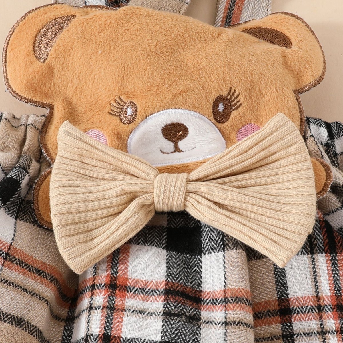 Girls' Fashion Minimalist Long Sleeve Triangle Rompers Bow Plaid Bear Doll Suspender Dress Hair Band Set (Available) - Mom & Kids