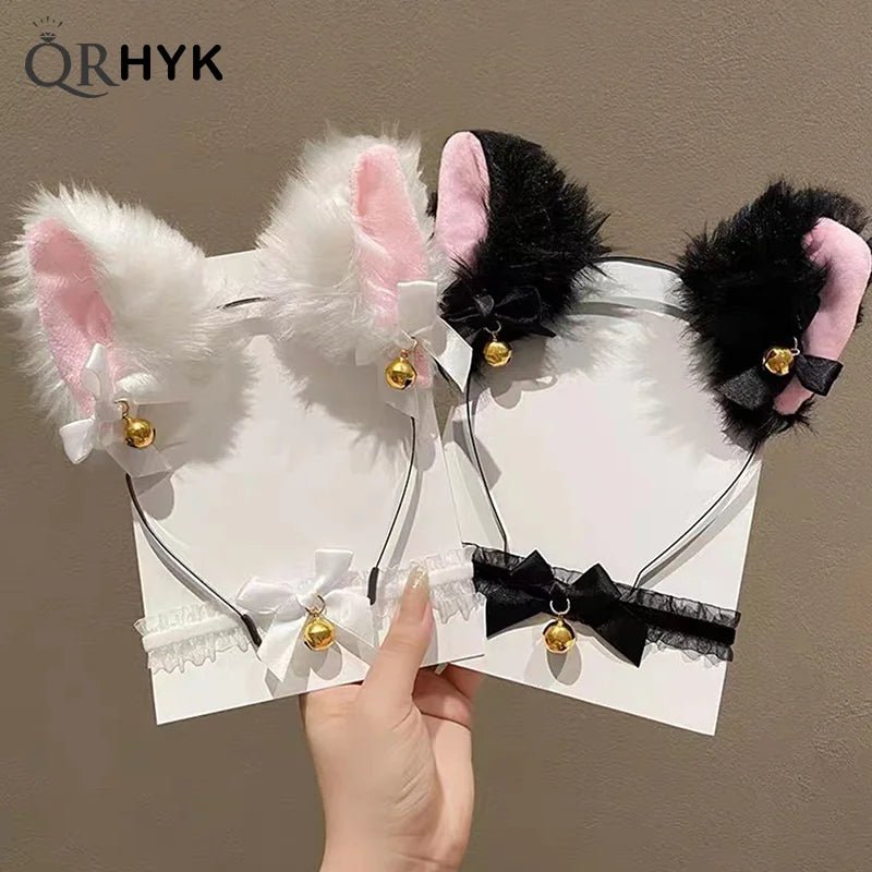 Girls Lace Bow Necklace Plush Bell Hairband Cosplay Masquerade-Party Costume Hair Accessories - Mom & Kids
