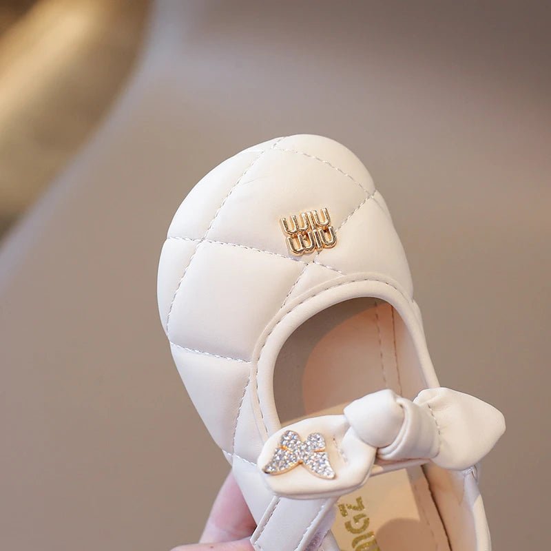 Girls Leather Shoes 1-6 Years Old Beige Rhinestone Bow Performance Princess Shoes Khaki Soft Bottom with Children's Single Shoes - Mom & Kids