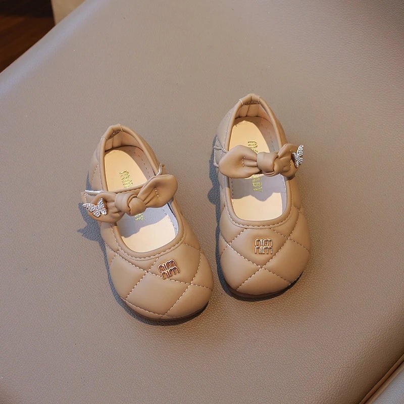 Girls Leather Shoes 1-6 Years Old Beige Rhinestone Bow Performance Princess Shoes Khaki Soft Bottom with Children's Single Shoes - Mom & Kids