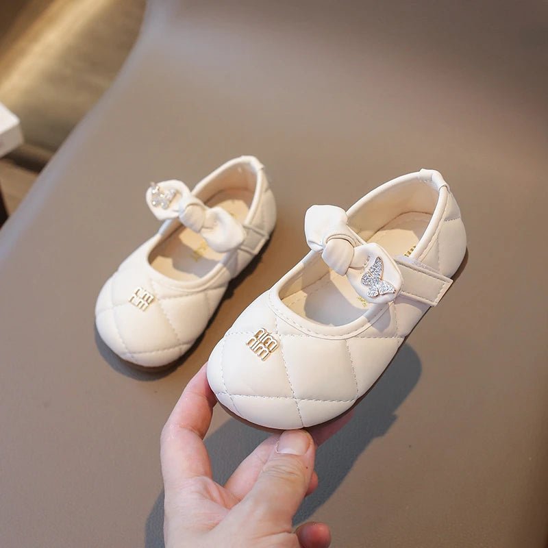 Girls Leather Shoes 1-6 Years Old Beige Rhinestone Bow Performance Princess Shoes Khaki Soft Bottom with Children's Single Shoes - Mom & Kids