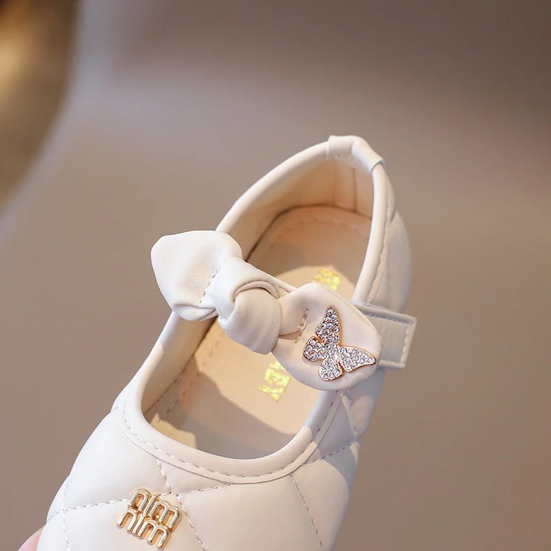 Girls Leather Shoes 1-6 Years Old Beige Rhinestone Bow Performance Princess Shoes Khaki Soft Bottom with Children's Single Shoes - Mom & Kids