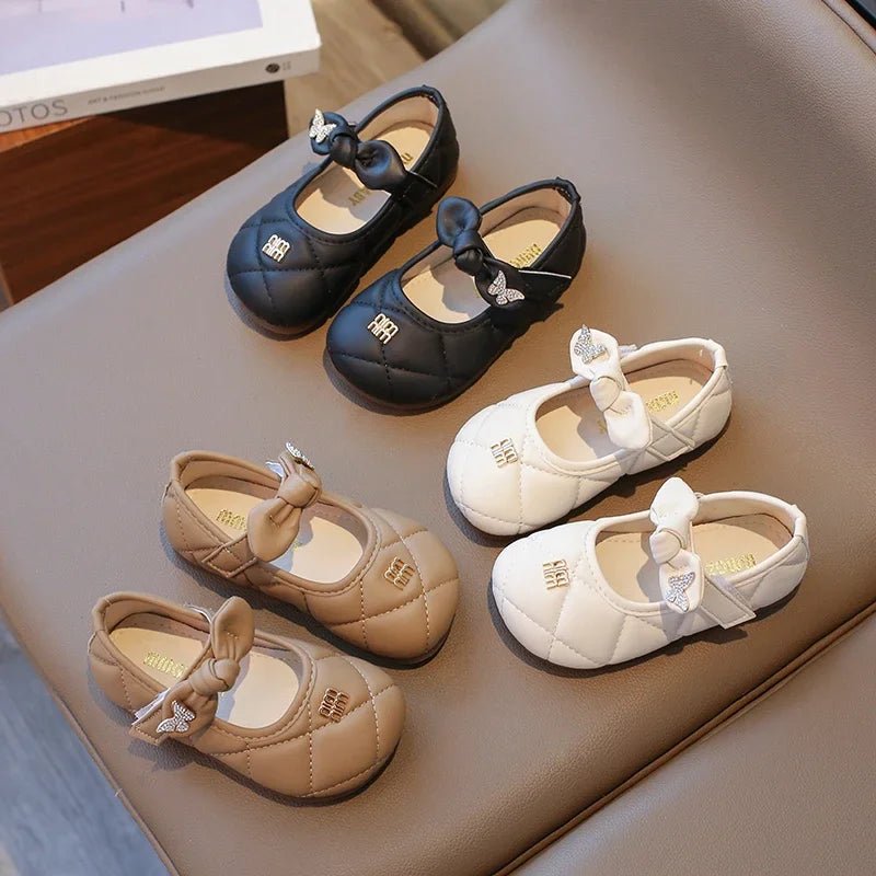 Girls Leather Shoes 1-6 Years Old Beige Rhinestone Bow Performance Princess Shoes Khaki Soft Bottom with Children's Single Shoes - Mom & Kids