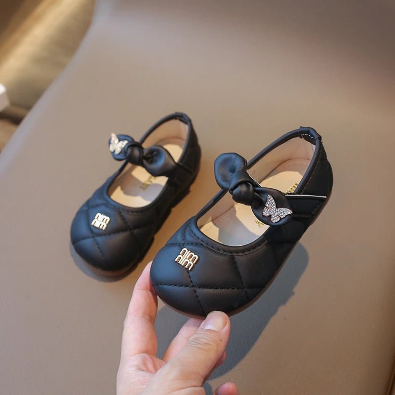 Girls Leather Shoes 1-6 Years Old Beige Rhinestone Bow Performance Princess Shoes Khaki Soft Bottom with Children's Single Shoes - Mom & Kids
