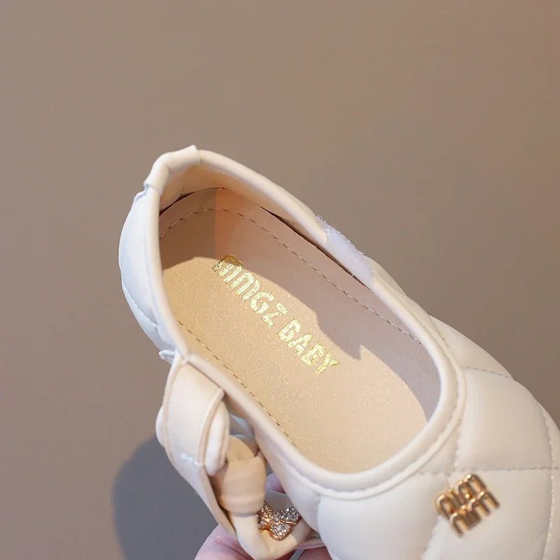 Girls Leather Shoes 1-6 Years Old Beige Rhinestone Bow Performance Princess Shoes Khaki Soft Bottom with Children's Single Shoes - Mom & Kids