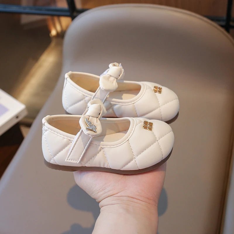 Girls Leather Shoes 1-6 Years Old Beige Rhinestone Bow Performance Princess Shoes Khaki Soft Bottom with Children's Single Shoes - Mom & Kids