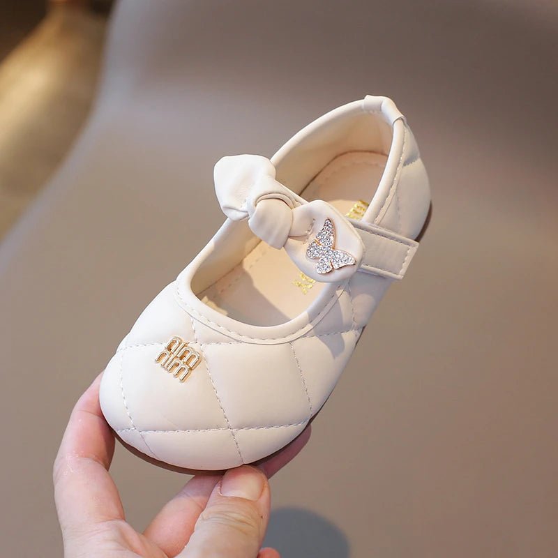 Girls Leather Shoes 1-6 Years Old Beige Rhinestone Bow Performance Princess Shoes Khaki Soft Bottom with Children's Single Shoes - Mom & Kids
