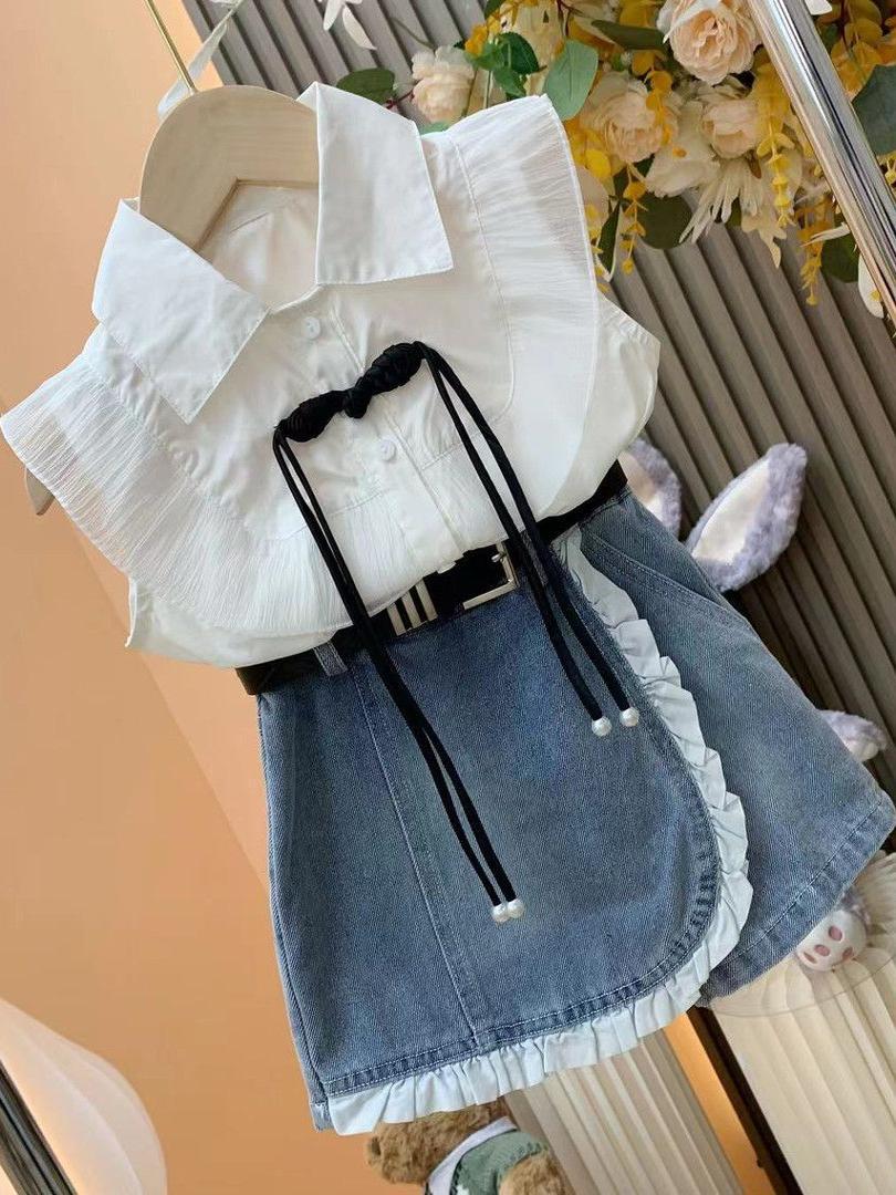 Girls princess style suit Bangladesh summer two piece outfit flying sleeve shirt denim lace skirt kids fashion set