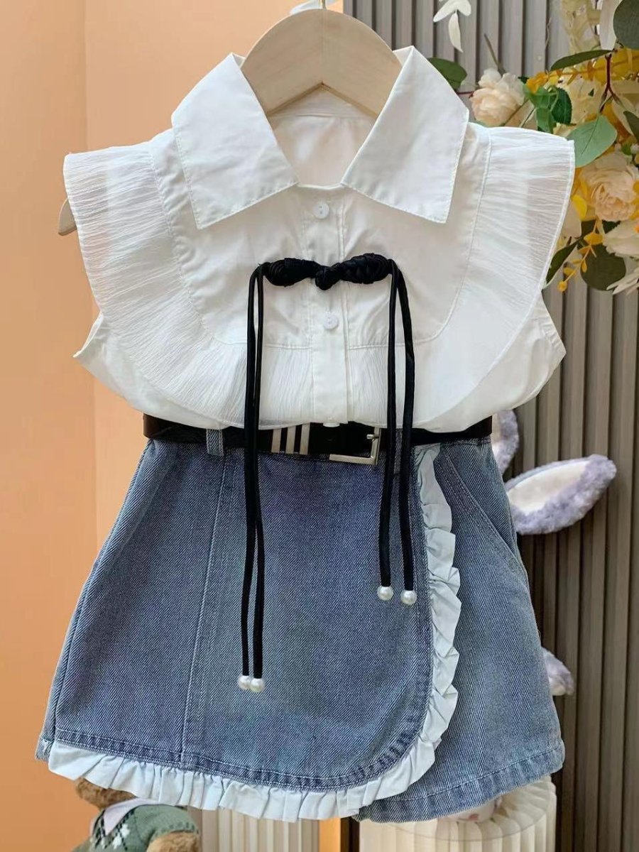 Girls princess style suit Bangladesh summer two piece outfit flying sleeve shirt denim lace skirt kids fashion set