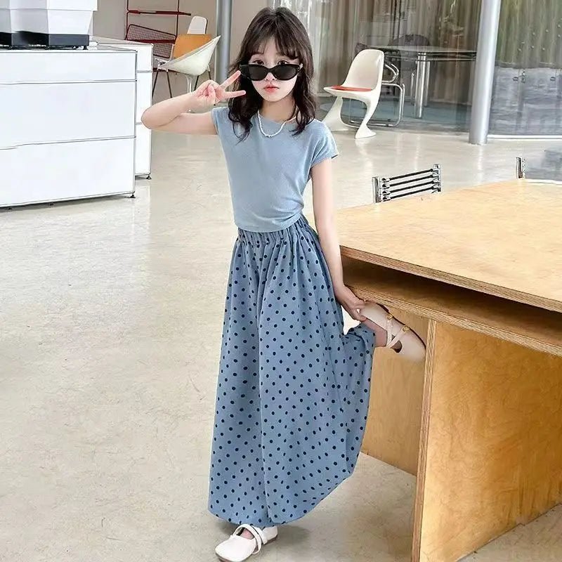 Girls set, summer children's fashion clothing, little girl wide leg pants, Korean version two-piece set, 4-12 years old - Mom & Kids