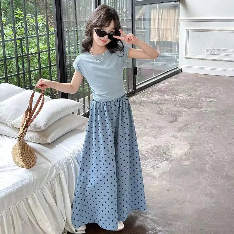 Girls set, summer children's fashion clothing, little girl wide leg pants, Korean version two-piece set, 4-12 years old - Mom & Kids