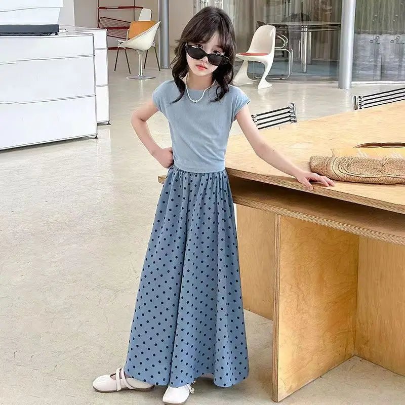 Girls set, summer children's fashion clothing, little girl wide leg pants, Korean version two-piece set, 4-12 years old - Mom & Kids