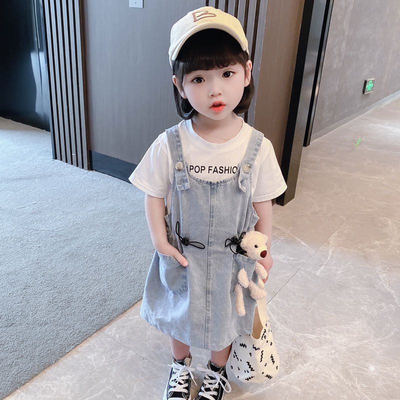 Girls Short Sleeve Top Suspender Dress Clothes Sets Summer Children Cotton T-Shirt Denim Dress 2pcs Outfit Bear (Available) - Mom & Kids