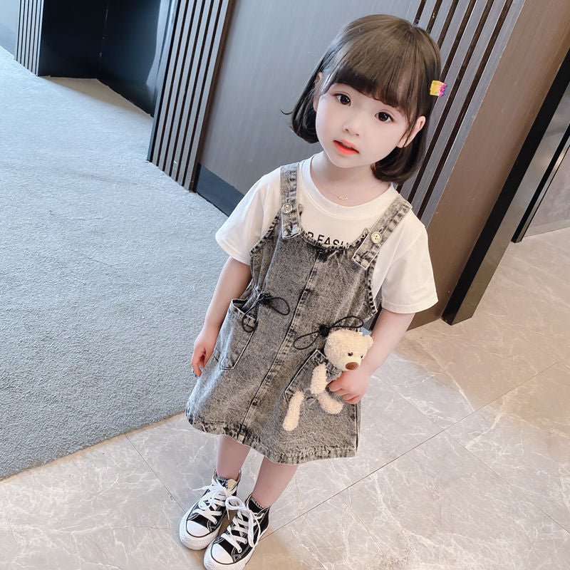 Girls Short Sleeve Top Suspender Dress Clothes Sets Summer Children Cotton T-Shirt Denim Dress 2pcs Outfit Bear (Available) - Mom & Kids