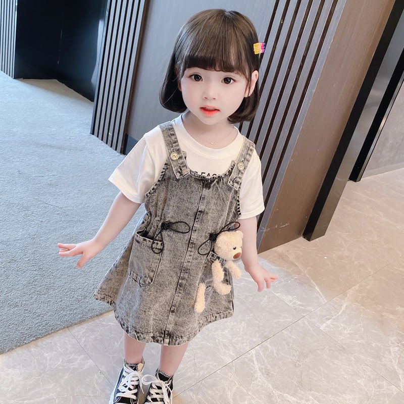 Girls Short Sleeve Top Suspender Dress Clothes Sets Summer Children Cotton T-Shirt Denim Dress 2pcs Outfit Bear (Available) - Mom & Kids