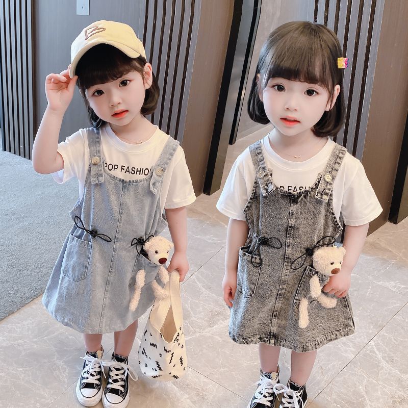 Girls Short Sleeve Top Suspender Dress Clothes Sets Summer Children Cotton T-Shirt Denim Dress 2pcs Outfit Bear (Available) - Mom & Kids