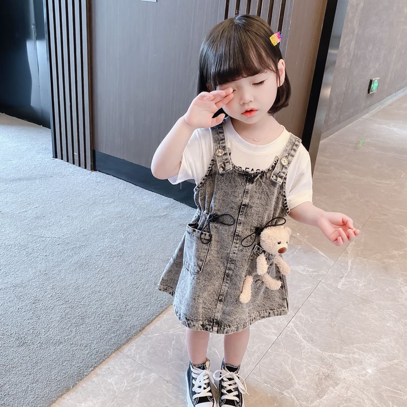 Girls Short Sleeve Top Suspender Dress Clothes Sets Summer Children Cotton T-Shirt Denim Dress 2pcs Outfit Bear (Available) - Mom & Kids