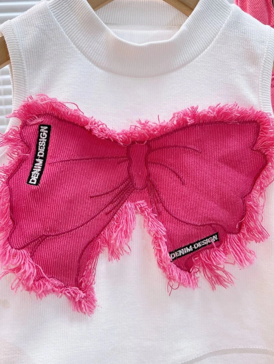 Girls Summer Outfit Set – Sleeveless Bow Top & Gradient Ripped Denim Wide Leg Pants, Fashionable Kids Casual Wear - Mom & Kids