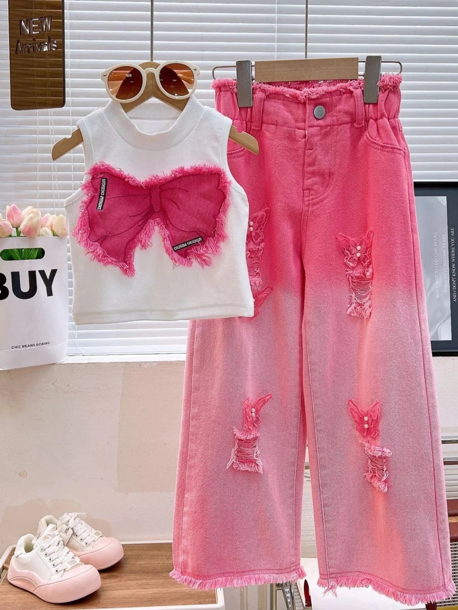 Girls Summer Outfit Set – Sleeveless Bow Top & Gradient Ripped Denim Wide Leg Pants, Fashionable Kids Casual Wear - Mom & Kids