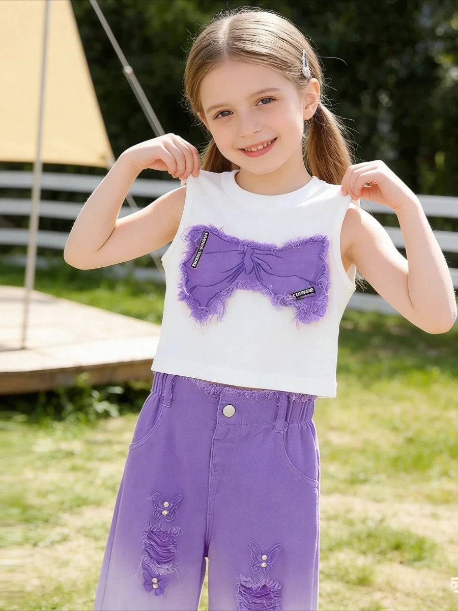 Girls Summer Outfit Set – Sleeveless Bow Top & Gradient Ripped Denim Wide Leg Pants, Fashionable Kids Casual Wear - Mom & Kids