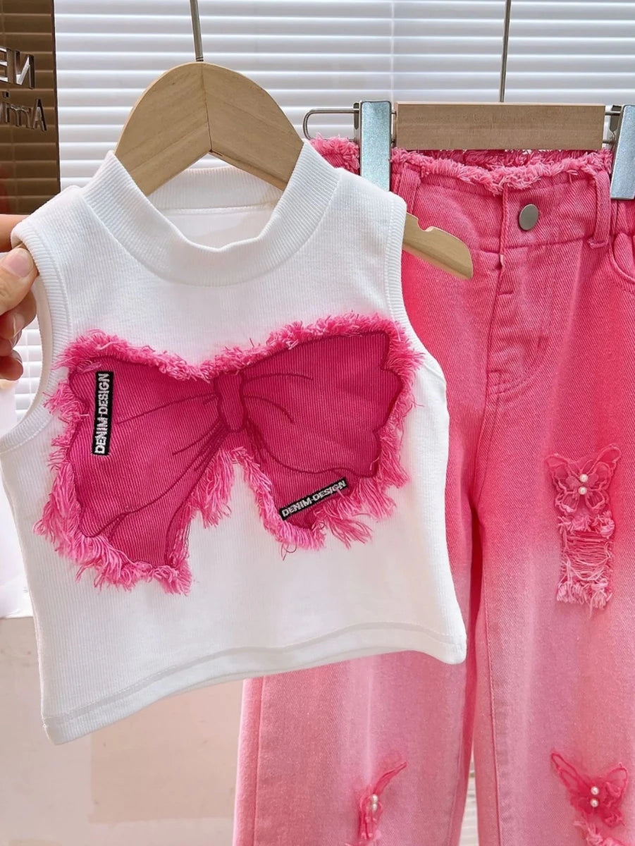 Girls Summer Outfit Set – Sleeveless Bow Top & Gradient Ripped Denim Wide Leg Pants, Fashionable Kids Casual Wear - Mom & Kids