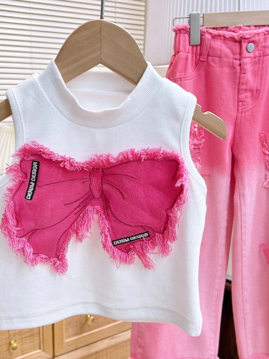 Girls Summer Outfit Set – Sleeveless Bow Top & Gradient Ripped Denim Wide Leg Pants, Fashionable Kids Casual Wear - Mom & Kids