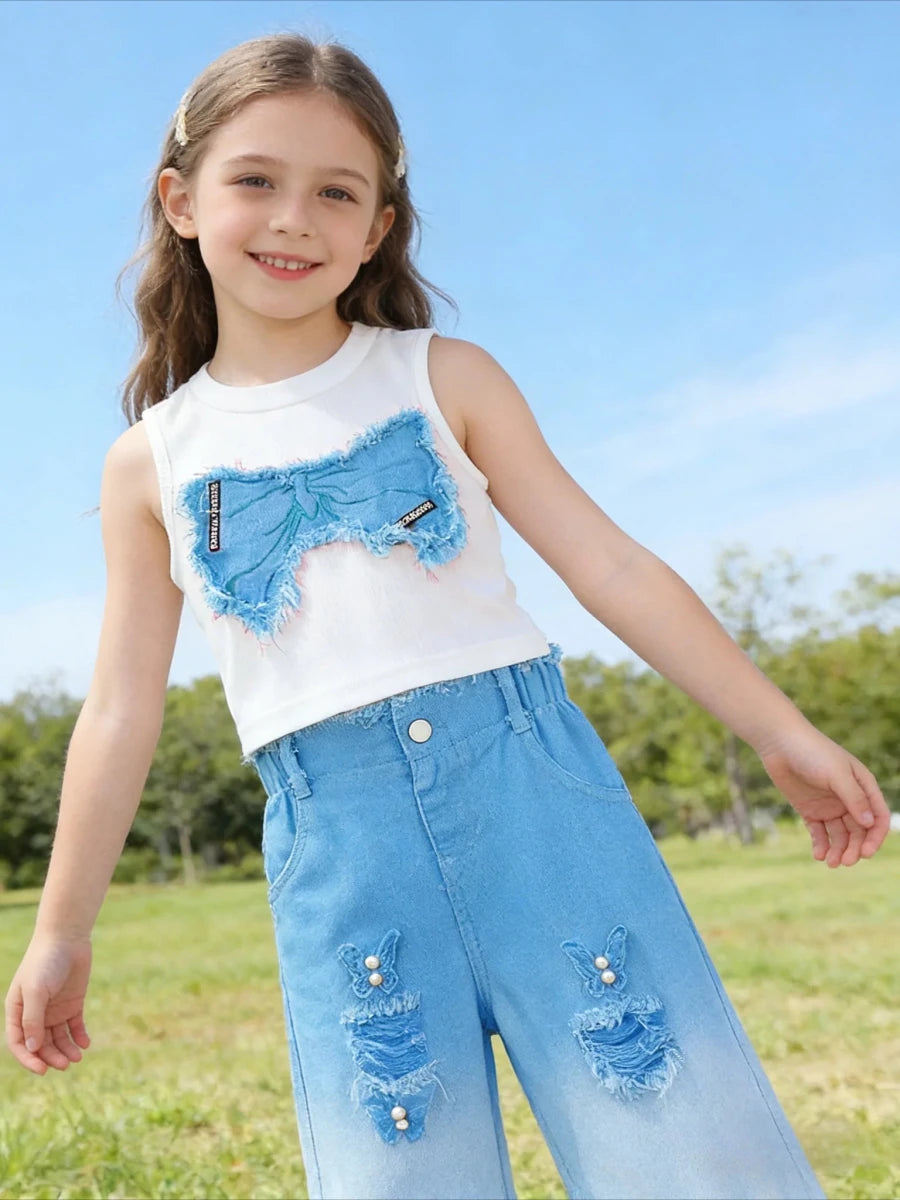 Girls Summer Outfit Set – Sleeveless Bow Top & Gradient Ripped Denim Wide Leg Pants, Fashionable Kids Casual Wear - Mom & Kids