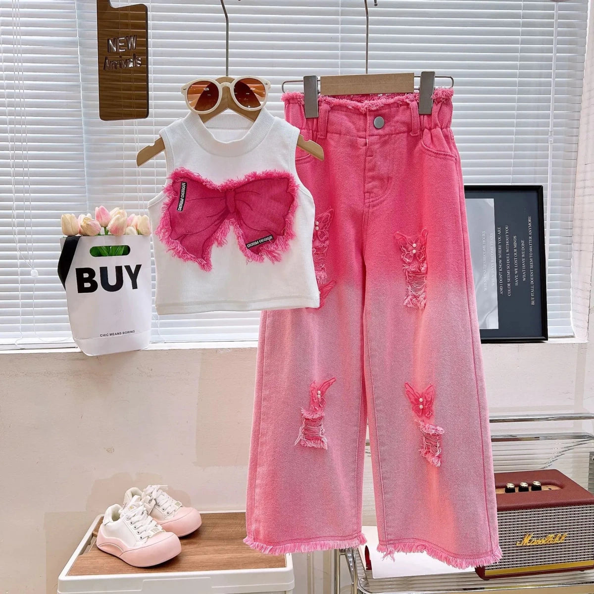Girls Summer Outfit Set – Sleeveless Bow Top & Gradient Ripped Denim Wide Leg Pants, Fashionable Kids Casual Wear - Mom & Kids