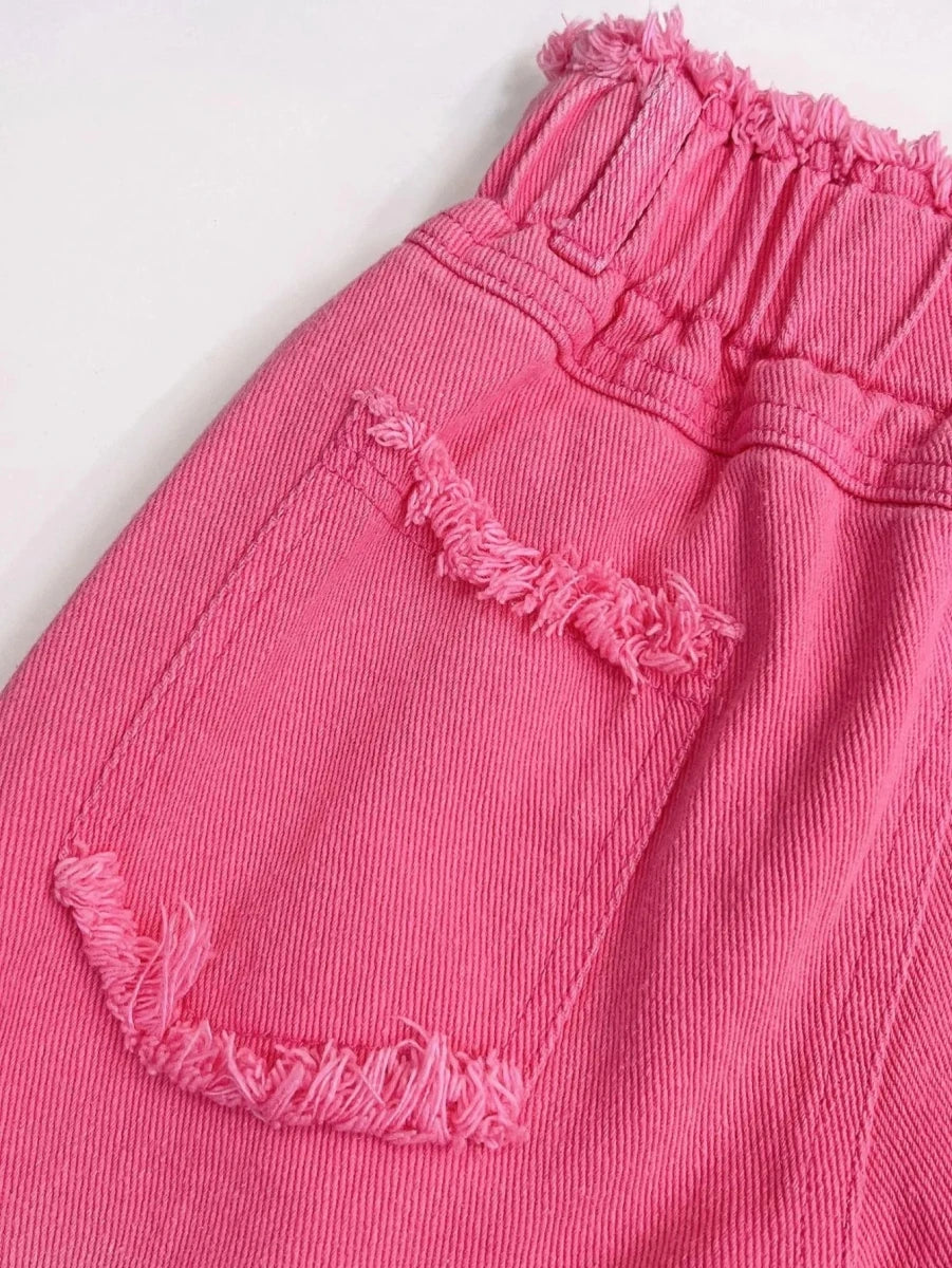 Girls Summer Outfit Set – Sleeveless Bow Top & Gradient Ripped Denim Wide Leg Pants, Fashionable Kids Casual Wear - Mom & Kids